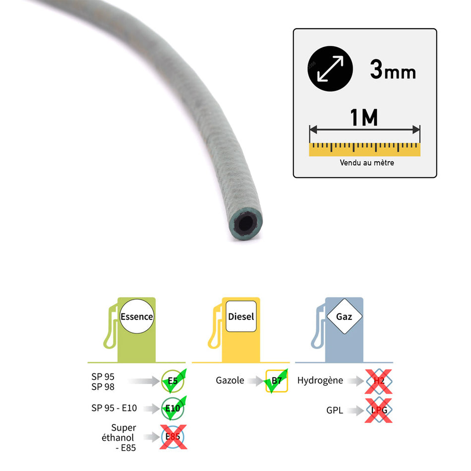 Durite carburant renforcée au mètre Ø3mm (vert)