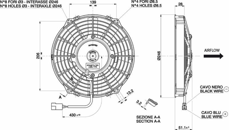 VENTILATEUR SPAL 246mm HAUT DEBIT ASPIRANT 12V 1000M3/H